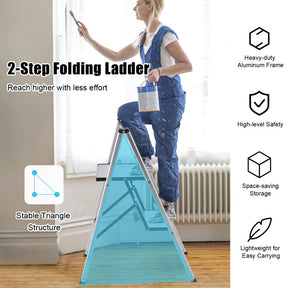 Folding Aluminum 2-Step Ladder with Non-Slip Pedal and Footpads
