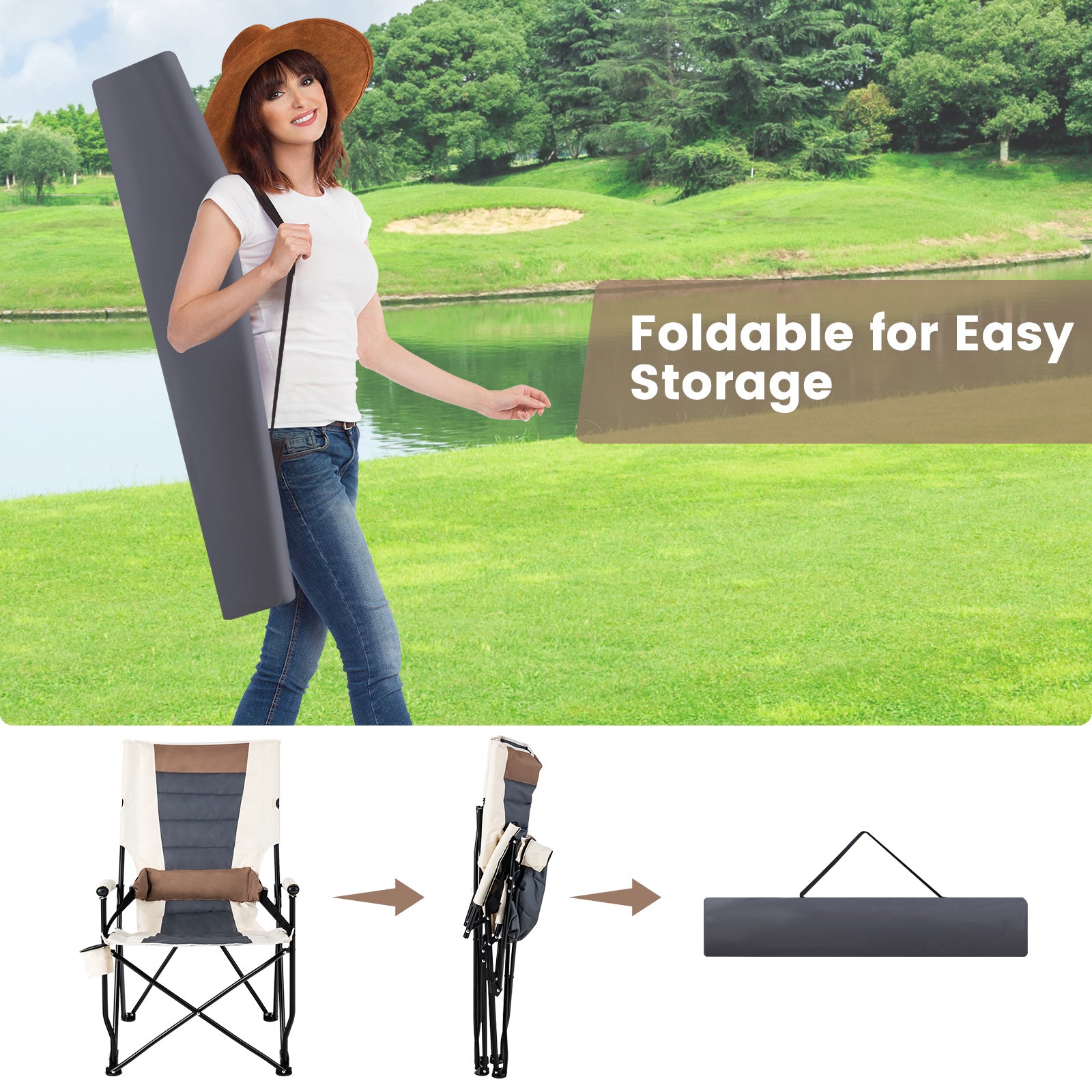 Foldable and Adjustable Camping Chair with Cup Holder for Outdoor Fishing