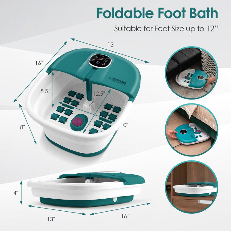 Folding Foot Spa Basin with Heat Bubble Roller Massage and Remote Control-Turquoise