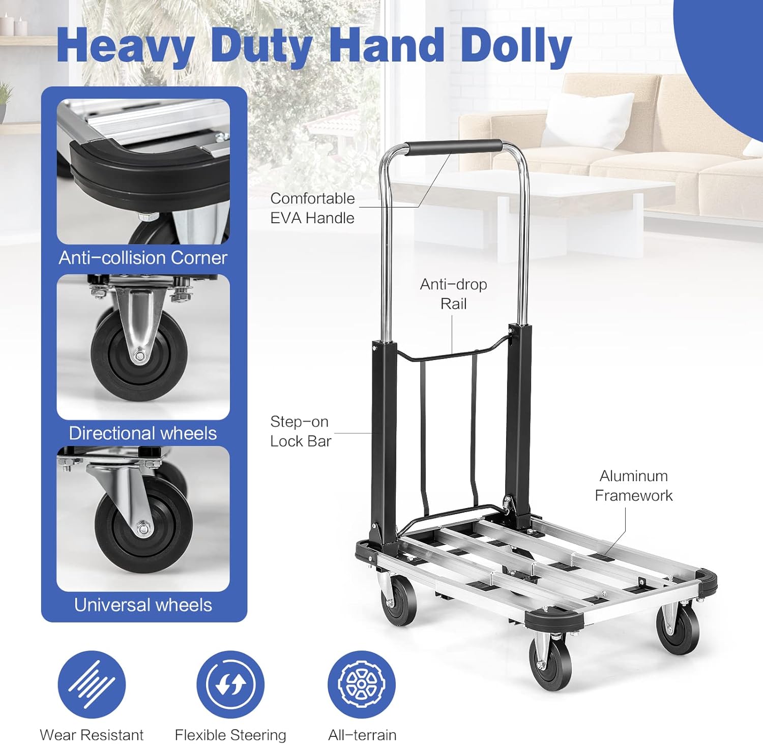 Folding Hand Truck 330 lbs Aluminum Utility Dolly Platform Luggage Cart with Extendable and Adjustable Base