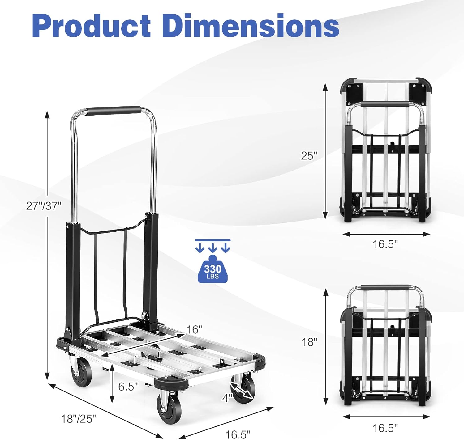 Folding Hand Truck 330 lbs Aluminum Utility Dolly Platform Luggage Cart with Extendable and Adjustable Base