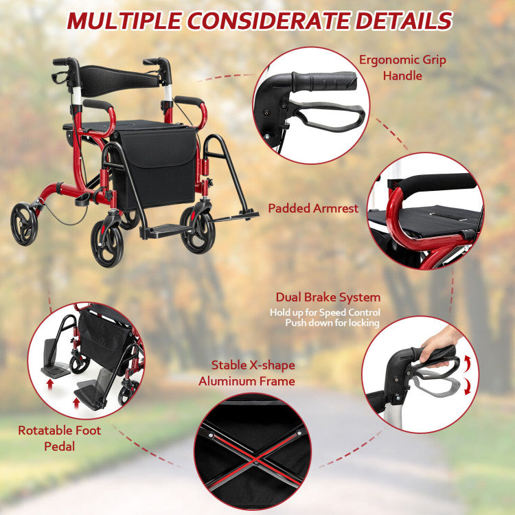 Folding Rollator Mobility Walker with Seat and 8-inch Wheels