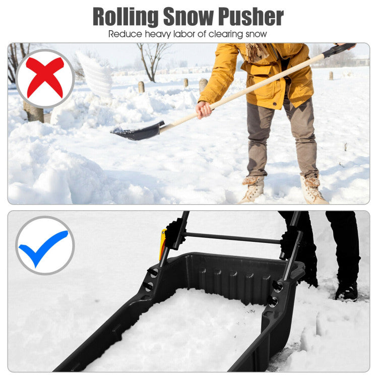 Folding Snow Pusher Scoop Shovel with Wheels and Handle