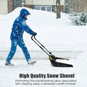Folding Snow Pusher Scoop Shovel with Wheels and Handle