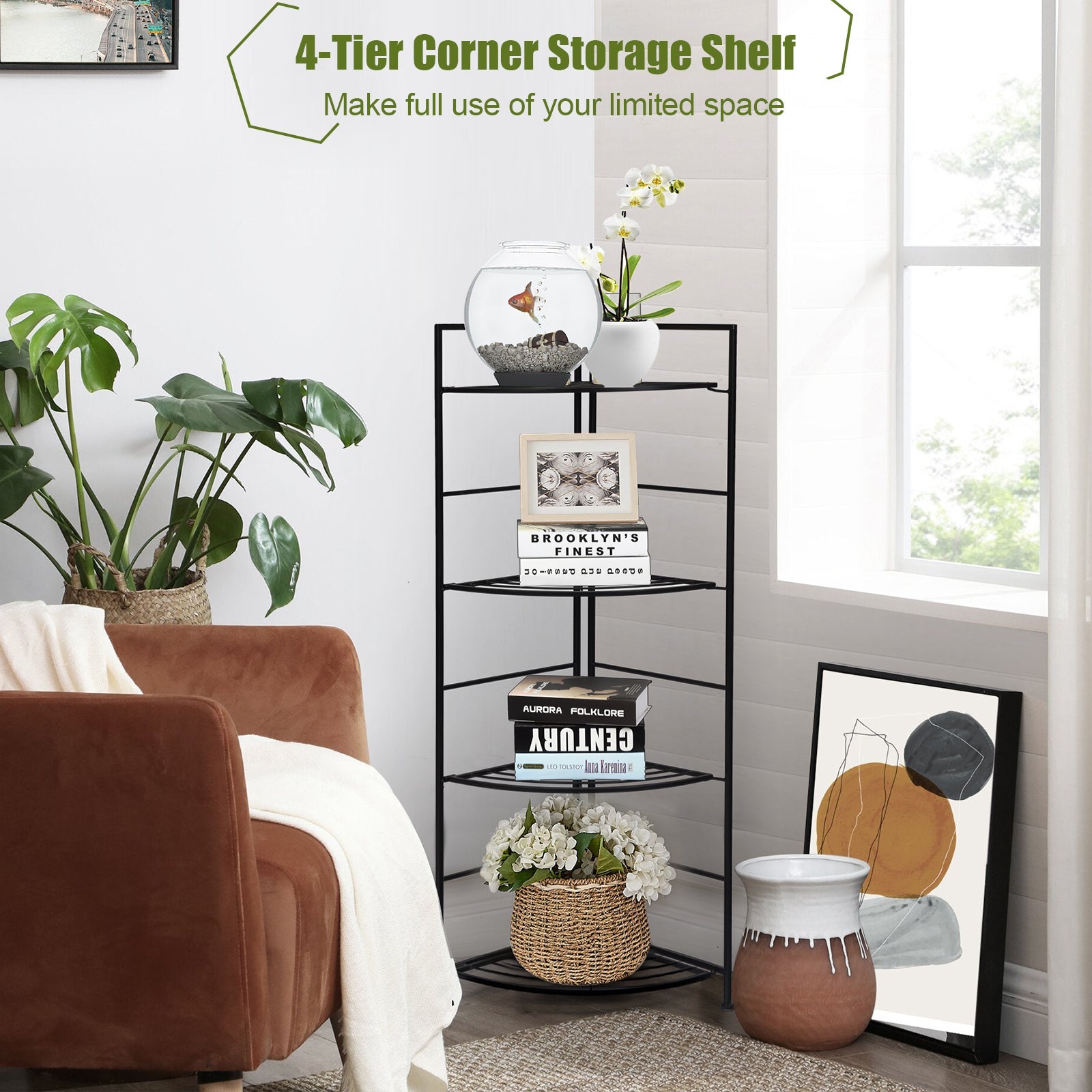 4 Tier Folding Metal Shelf Plant Stand Storage Corner Flower Display Rack Indoor Outdoor