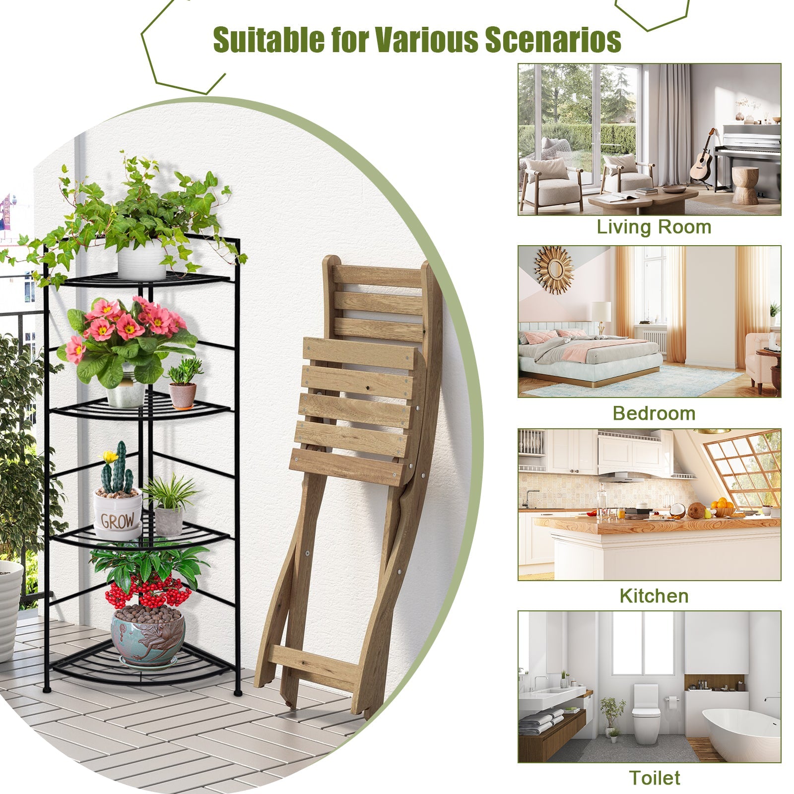 4 Tier Folding Metal Shelf Plant Stand Storage Corner Flower Display Rack Indoor Outdoor