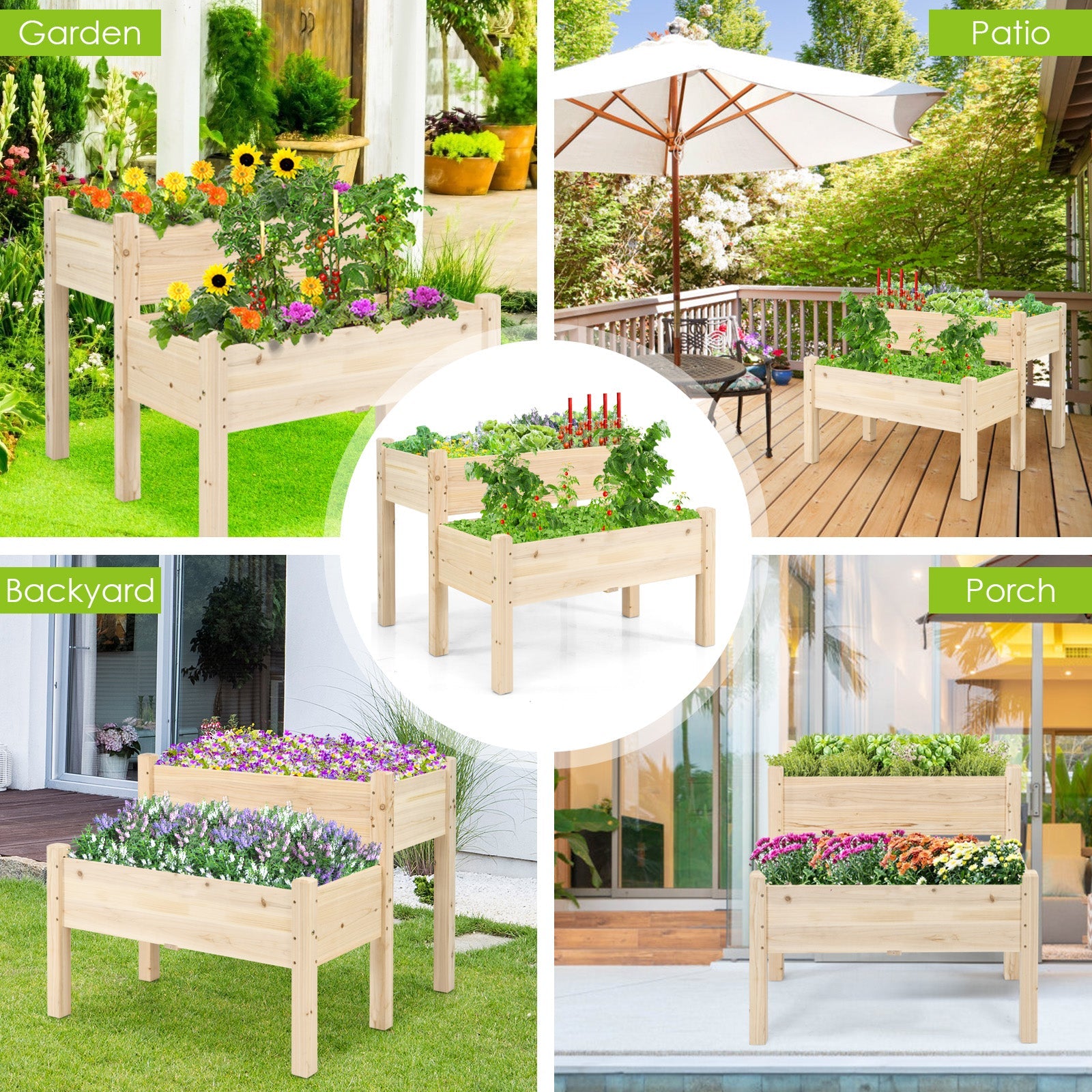 2 Tier Wooden Raised Garden Bed, Fir Wood Elevated Planter Garden Box