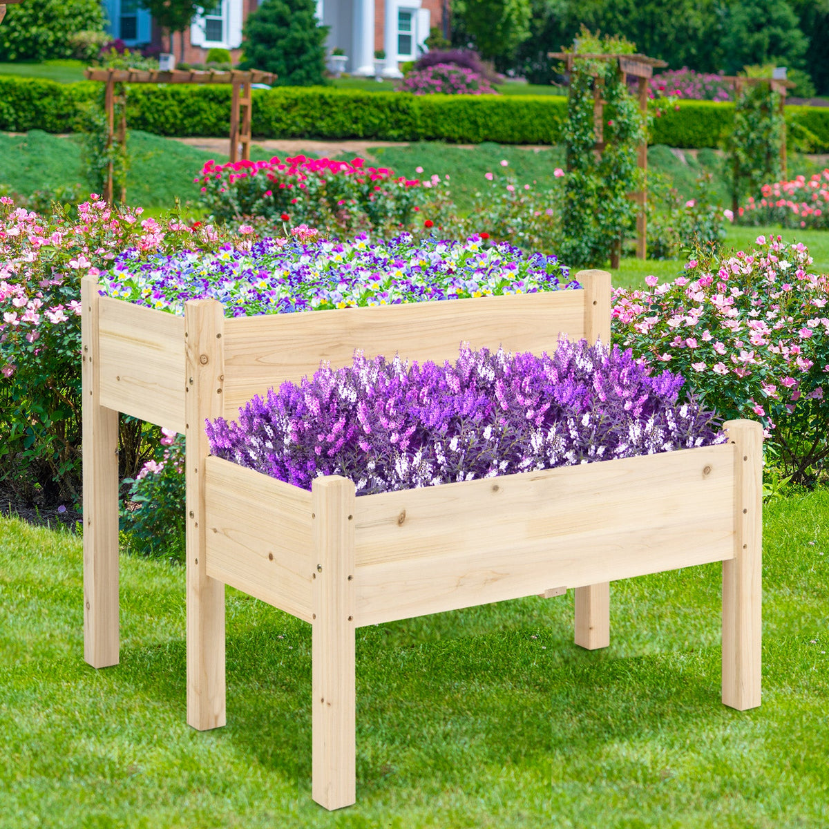 2 Tier Wooden Raised Garden Bed, Fir Wood Elevated Planter Garden Box