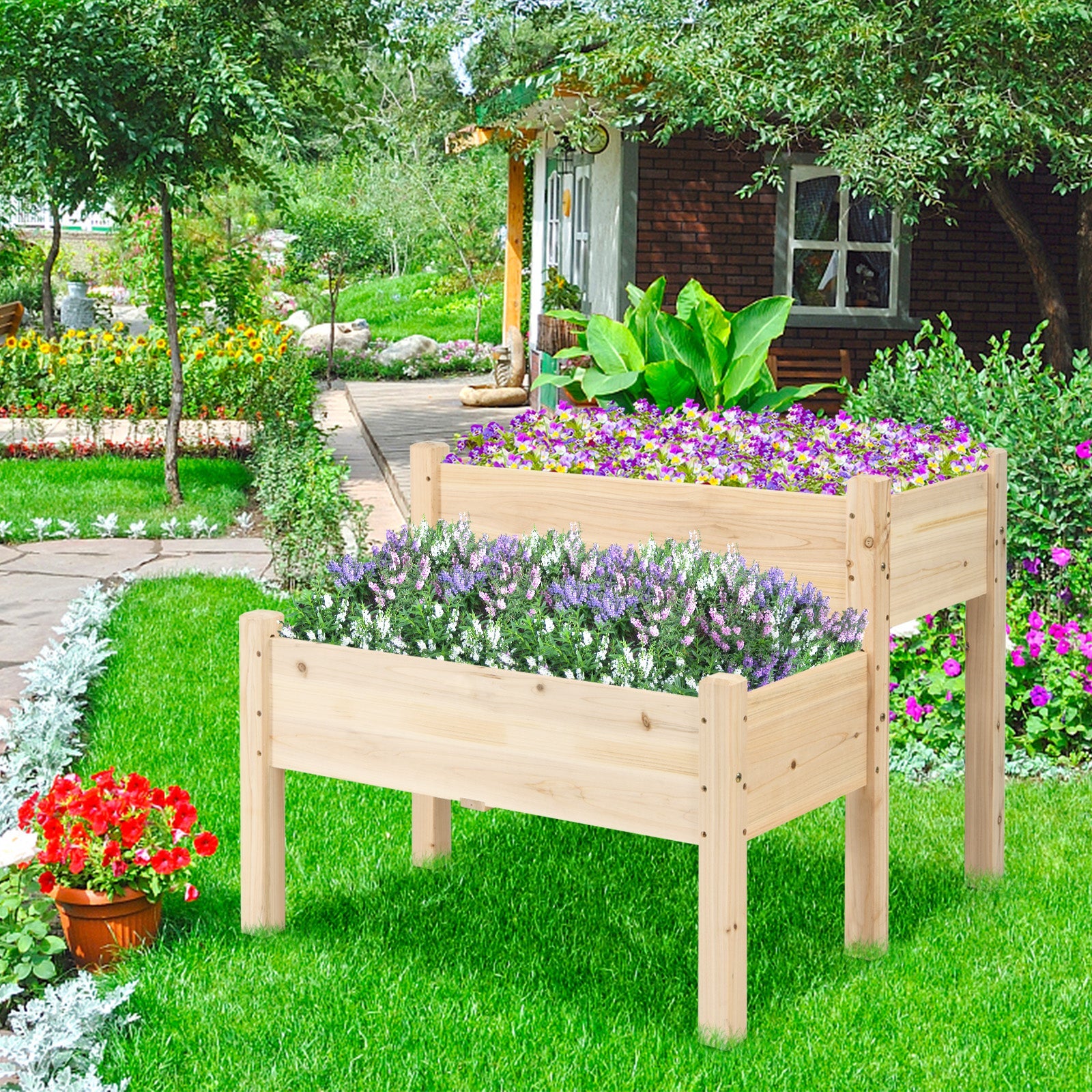 2 Tier Wooden Raised Garden Bed, Fir Wood Elevated Planter Garden Box