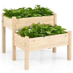 2 Tier Wooden Raised Garden Bed, Fir Wood Elevated Planter Garden Box