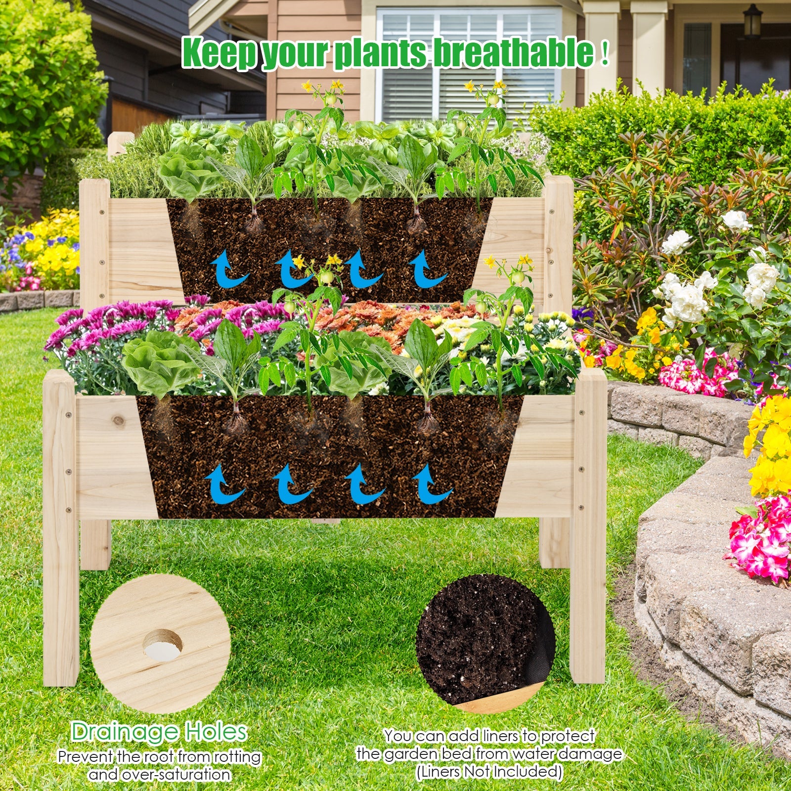 2 Tier Wooden Raised Garden Bed, Fir Wood Elevated Planter Garden Box