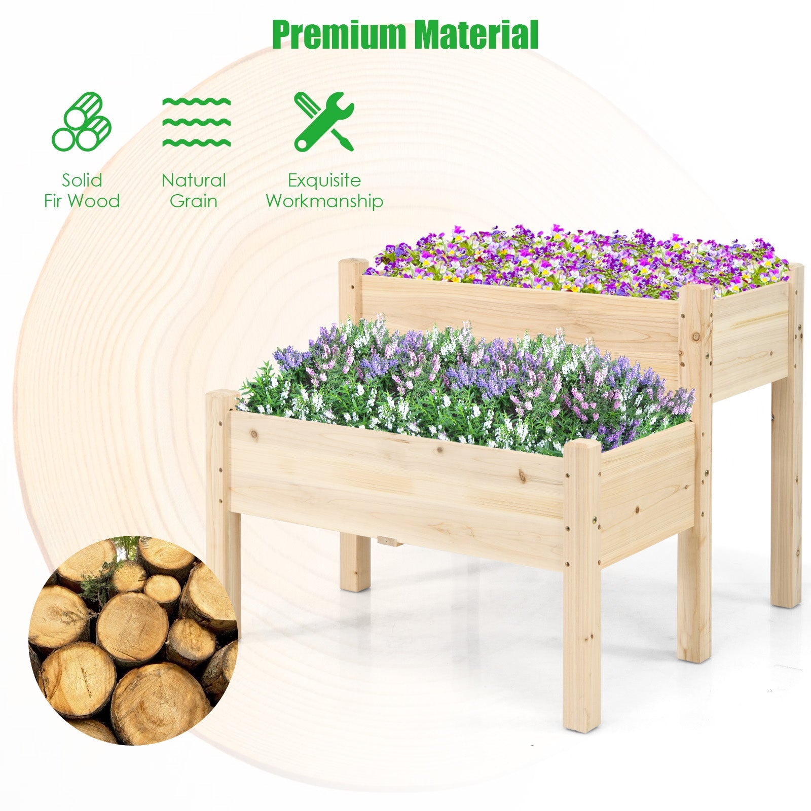 2 Tier Wooden Raised Garden Bed, Fir Wood Elevated Planter Garden Box