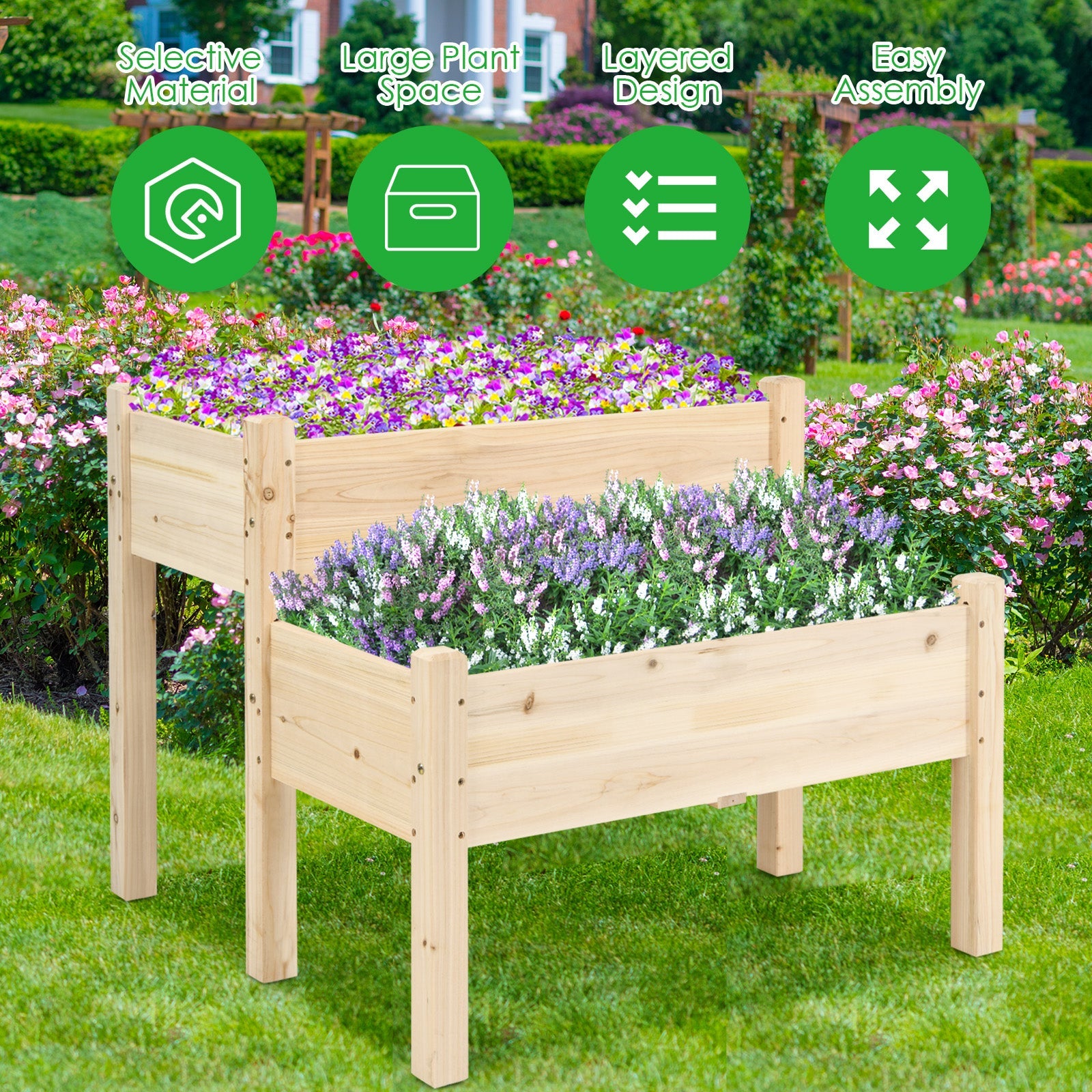 2 Tier Wooden Raised Garden Bed, Fir Wood Elevated Planter Garden Box