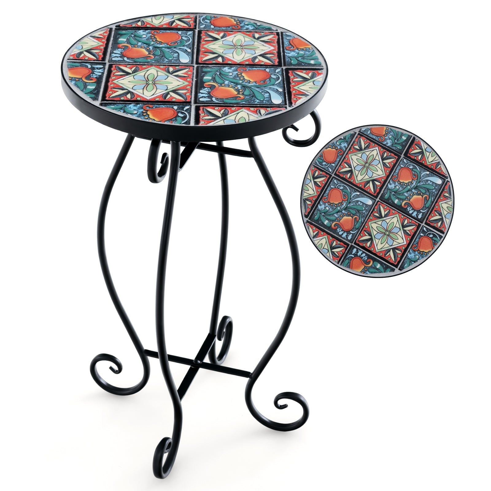 Mosaic Round Side Table, Outdoor Plant Stand with Ceramic Tile Top