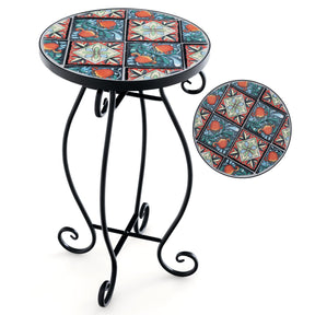 Mosaic Round Side Table, Outdoor Plant Stand with Ceramic Tile Top