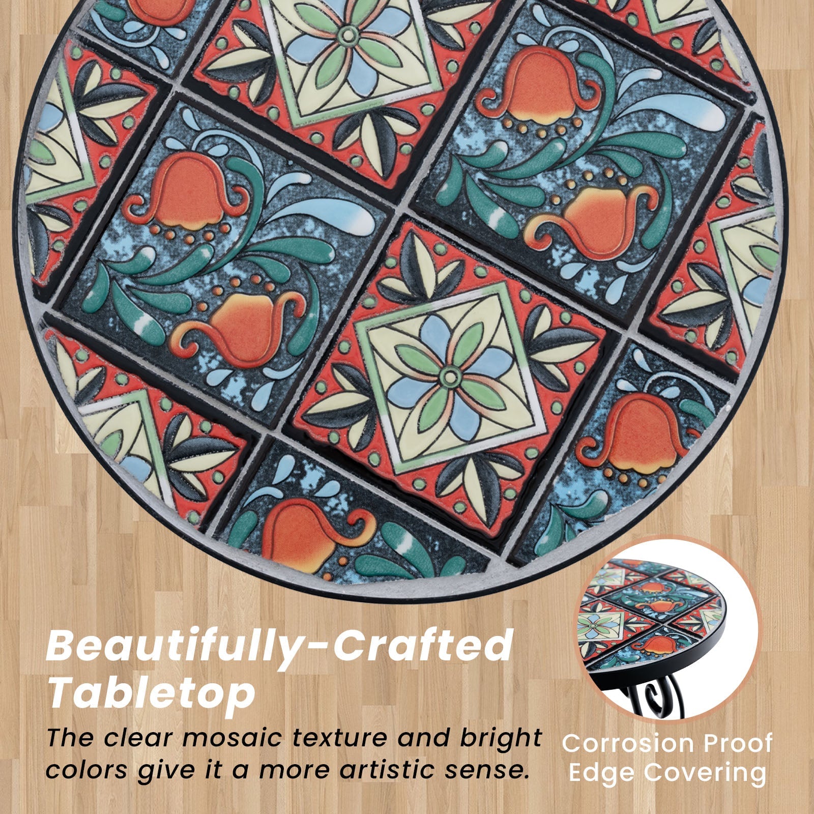 Mosaic Round Side Table, Outdoor Plant Stand with Ceramic Tile Top