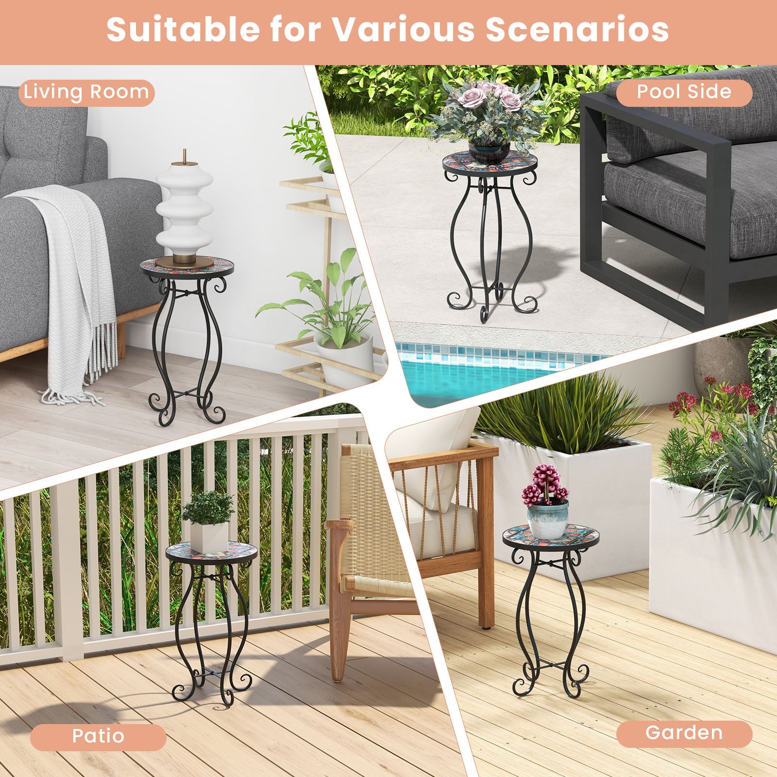 Mosaic Round Side Table, Outdoor Plant Stand with Ceramic Tile Top