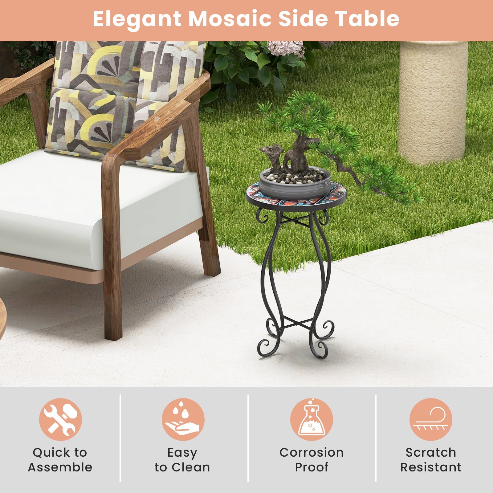Mosaic Round Side Table, Outdoor Plant Stand with Ceramic Tile Top