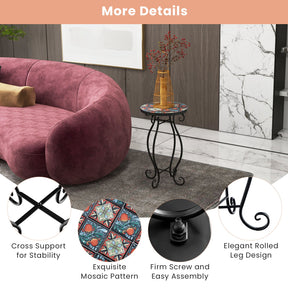 Mosaic Round Side Table, Outdoor Plant Stand with Ceramic Tile Top