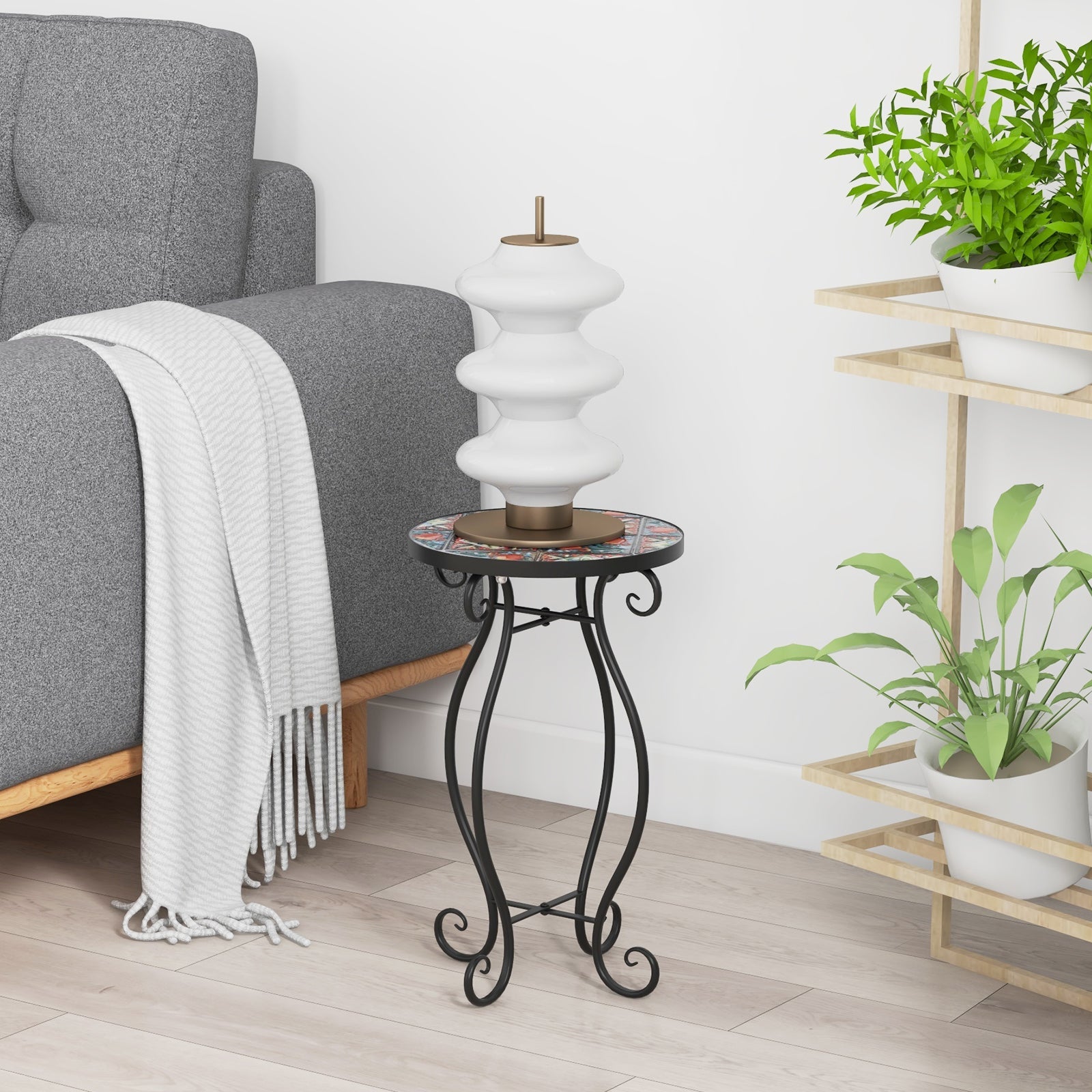 Mosaic Round Side Table, Outdoor Plant Stand with Ceramic Tile Top