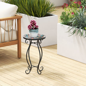 Mosaic Round Side Table, Outdoor Plant Stand with Ceramic Tile Top