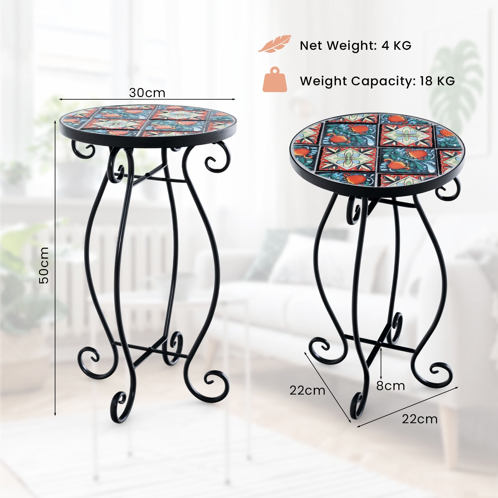Mosaic Round Side Table, Outdoor Plant Stand with Ceramic Tile Top