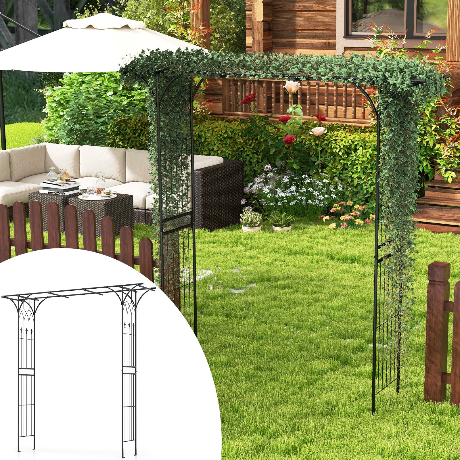 2M Garden Arbor, Metal Archway Perfect for Roses and Climbing Plants, Decorative Lawn Arbor
