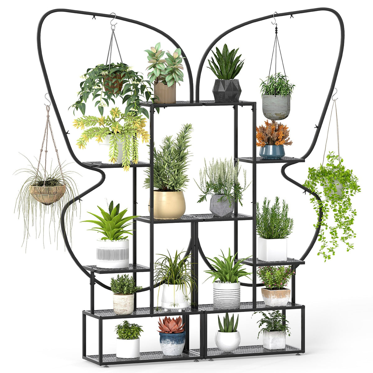6-Tier Metal Plant Stand, 185 cm Tall Butterfly-Shaped Flowerpot Shelf w/ 12 Metal Mesh Boards & 4 Hanging Hooks