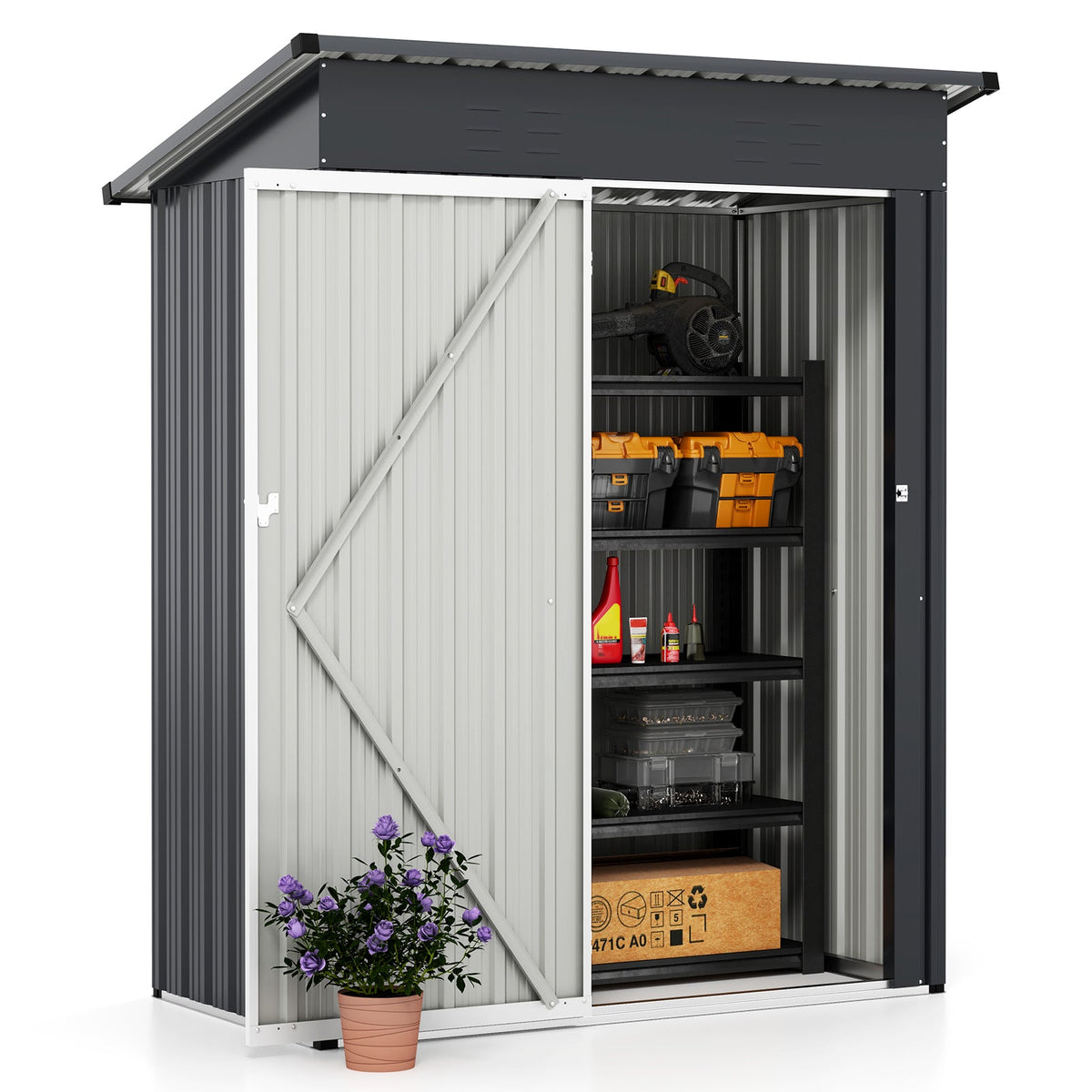 1.5 x 0.9M Outdoor Storage Shed, Galvanized Metal Tool House w/ Sloped Roof