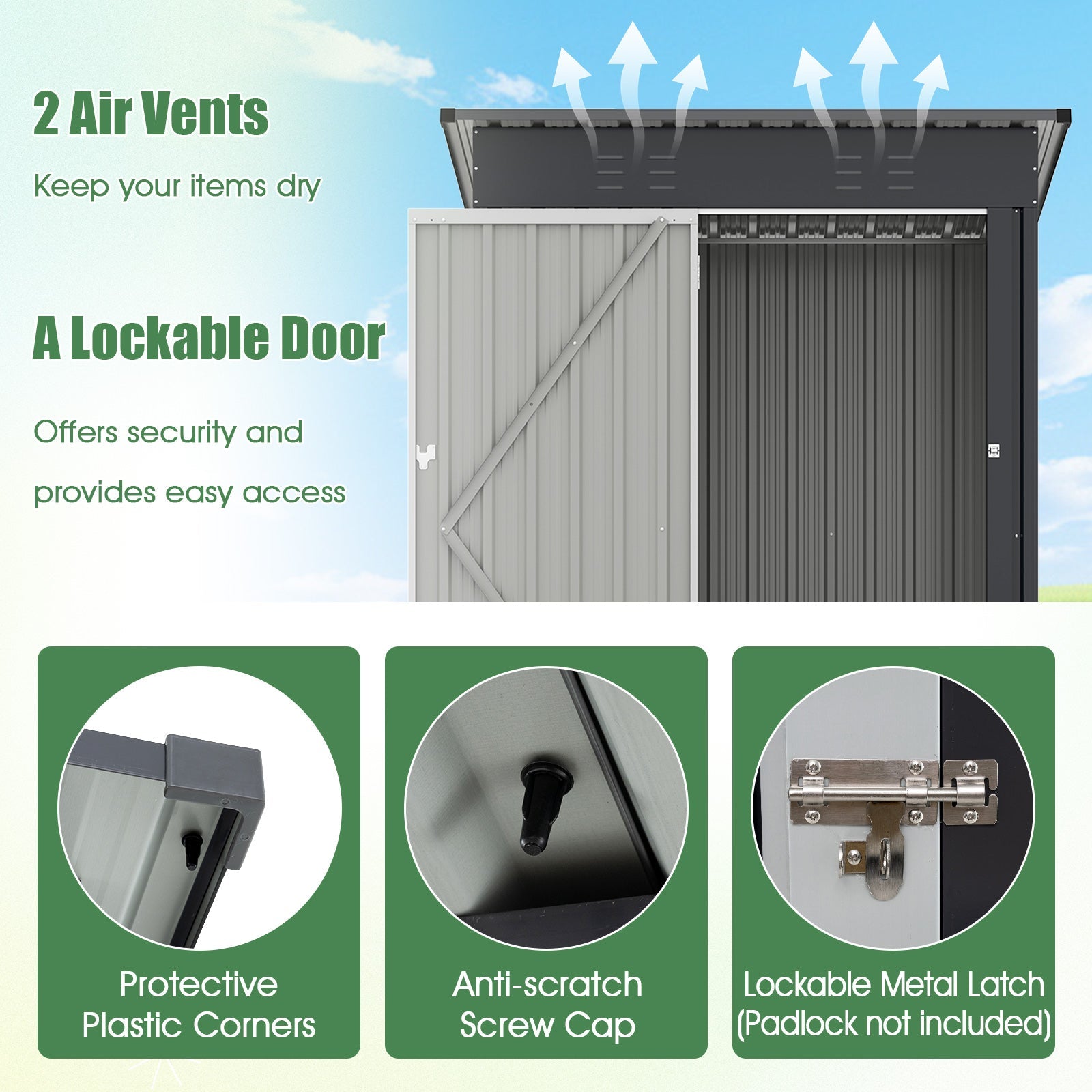 1.5 x 0.9M Outdoor Storage Shed, Galvanized Metal Tool House w/ Sloped Roof