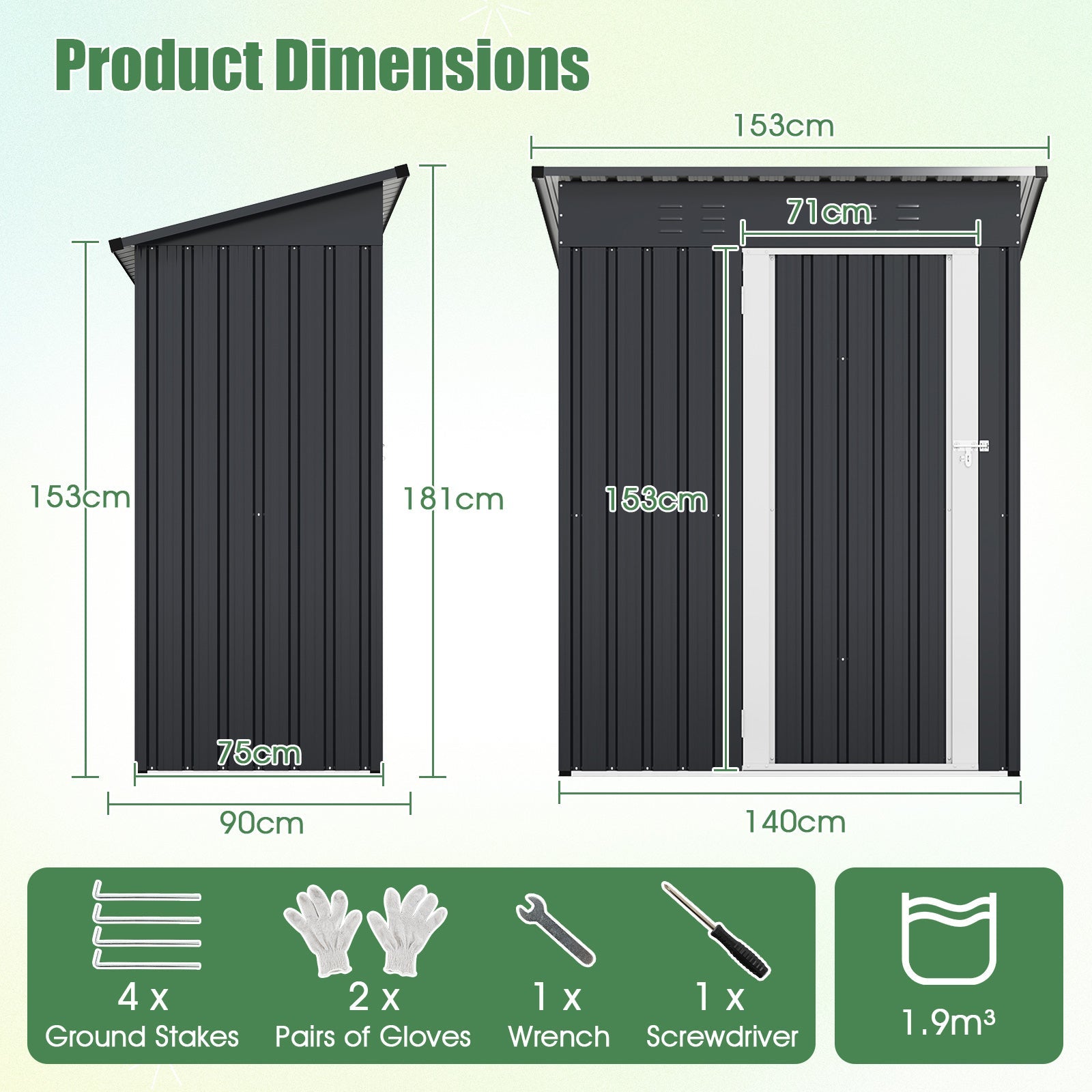 1.5 x 0.9M Outdoor Storage Shed, Galvanized Metal Tool House w/ Sloped Roof