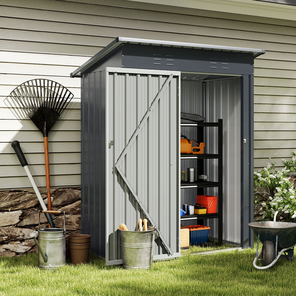 1.5 x 0.9M Outdoor Storage Shed, Galvanized Metal Tool House w/ Sloped Roof