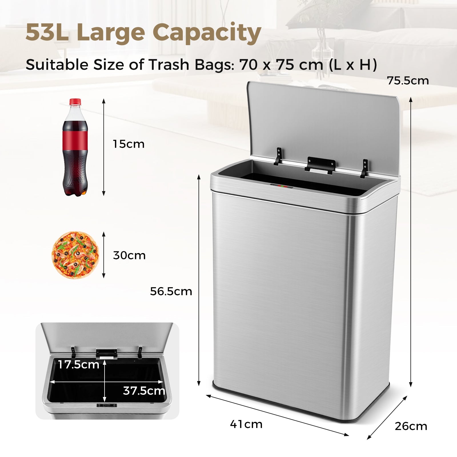 53L Automatic Trash Can with Lid, Motion Sensor Garbage Can