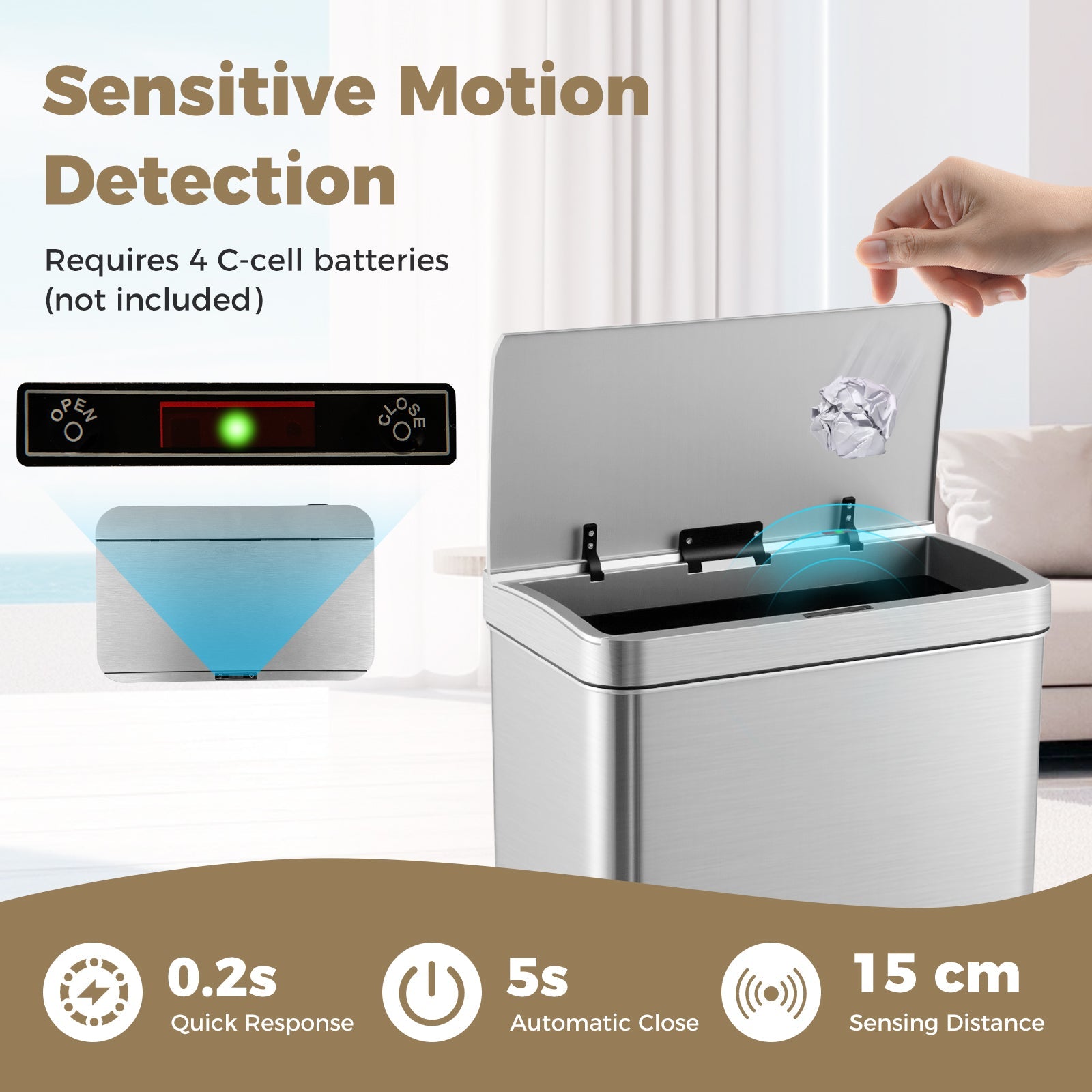 53L Automatic Trash Can with Lid, Motion Sensor Garbage Can