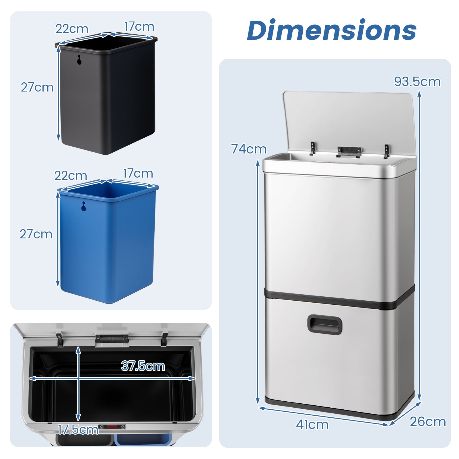 56L Stainless Steel Trash Can, Motion Sensor Garbage Can with 2 Removable Waste Bins