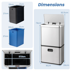 56L Stainless Steel Trash Can, Motion Sensor Garbage Can with 2 Removable Waste Bins