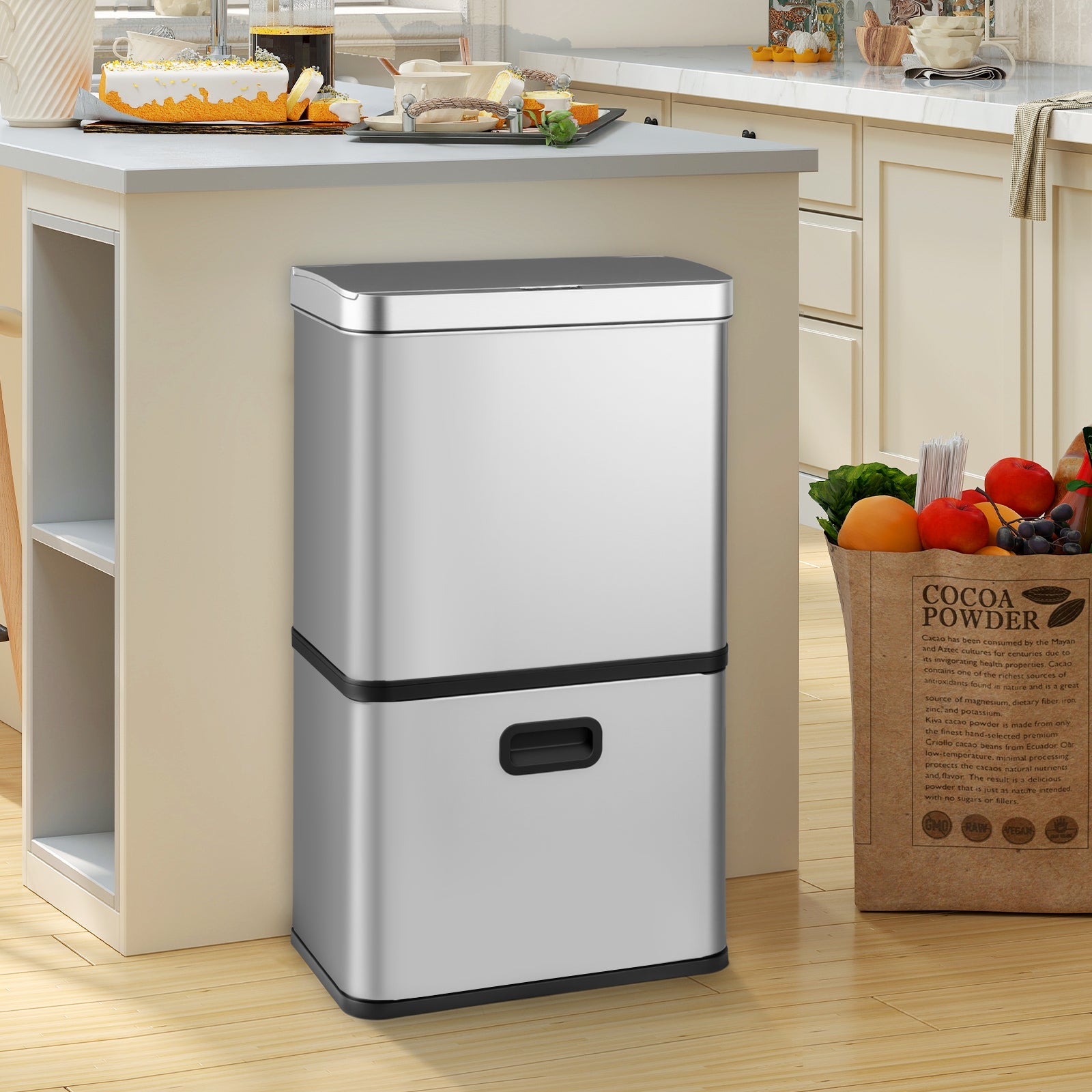 56L Stainless Steel Trash Can, Motion Sensor Garbage Can with 2 Removable Waste Bins