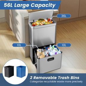 56L Stainless Steel Trash Can, Motion Sensor Garbage Can with 2 Removable Waste Bins