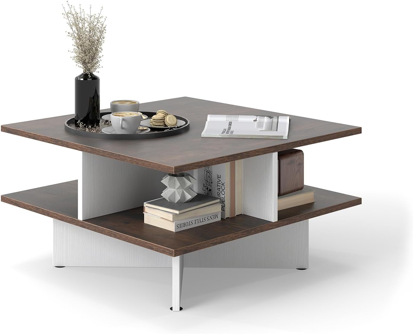 2-Tier Square Coffee Table, Living Room Center Table with 4 Storage Compartments