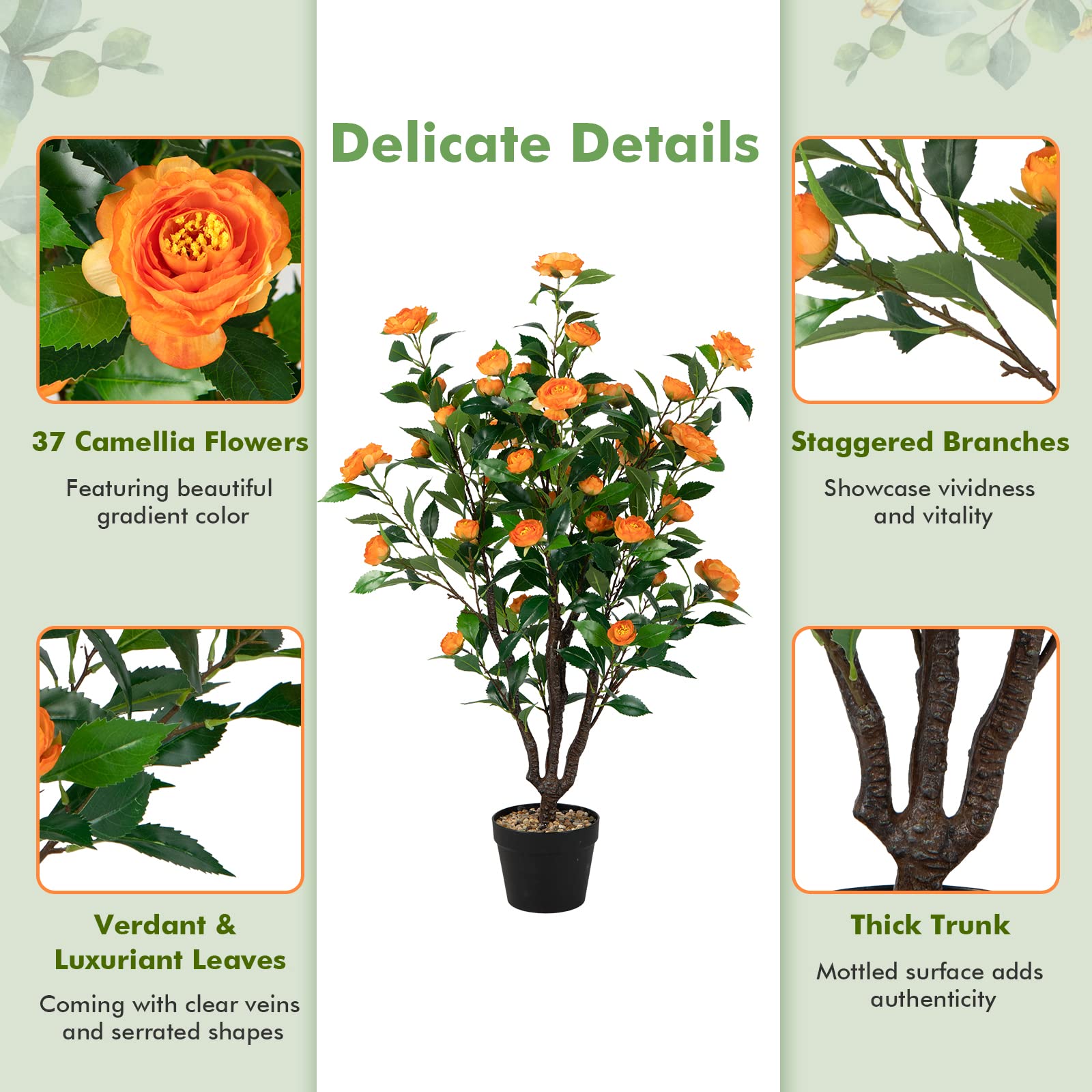 Giantex 102 CM Artificial Camellia Tree, Faux Blooming Camellia Plant