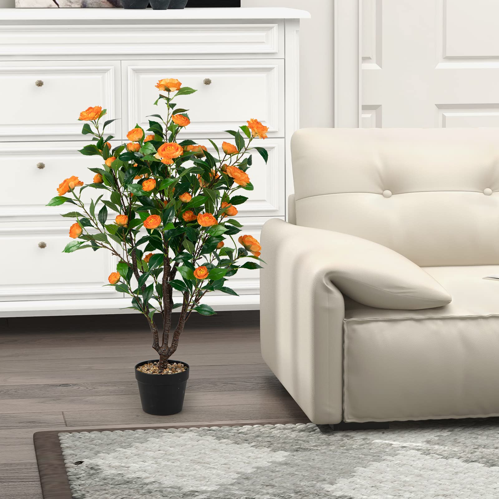 Giantex 102 CM Artificial Camellia Tree, Faux Blooming Camellia Plant