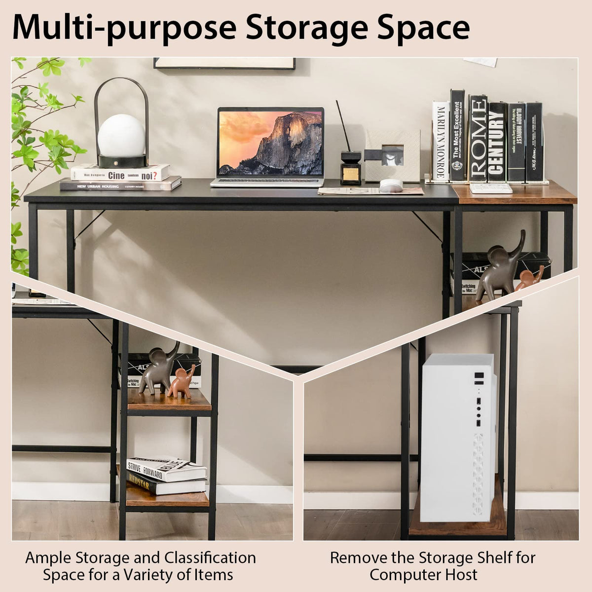 140 CM Reversible Computer Desk, Large Home Office Desk with 2-tier Storage Shelves