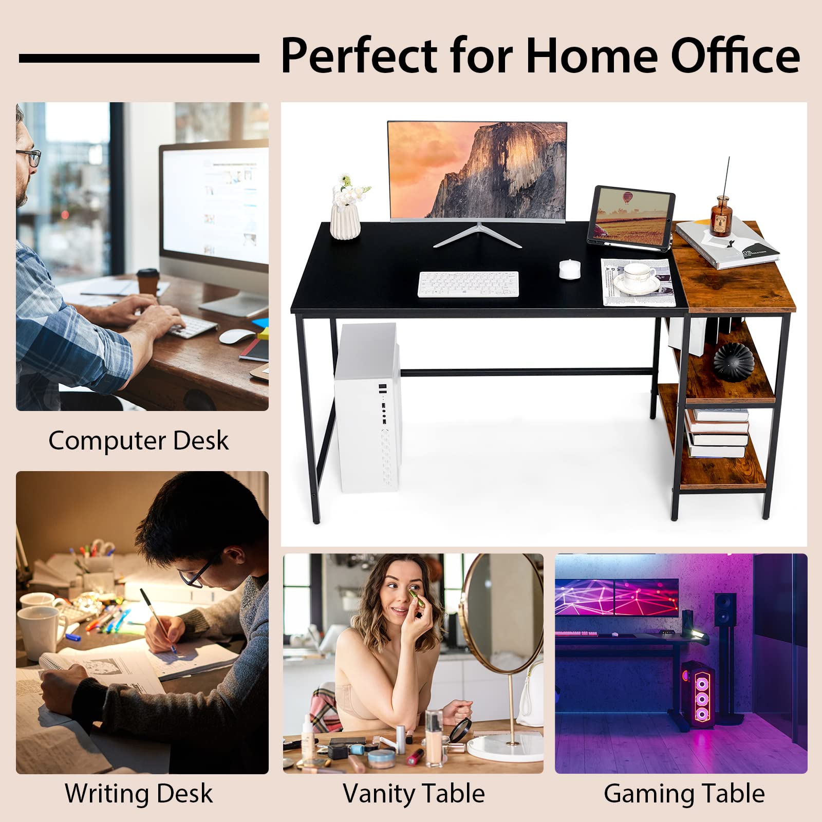 140 CM Reversible Computer Desk, Large Home Office Desk with 2-tier Storage Shelves