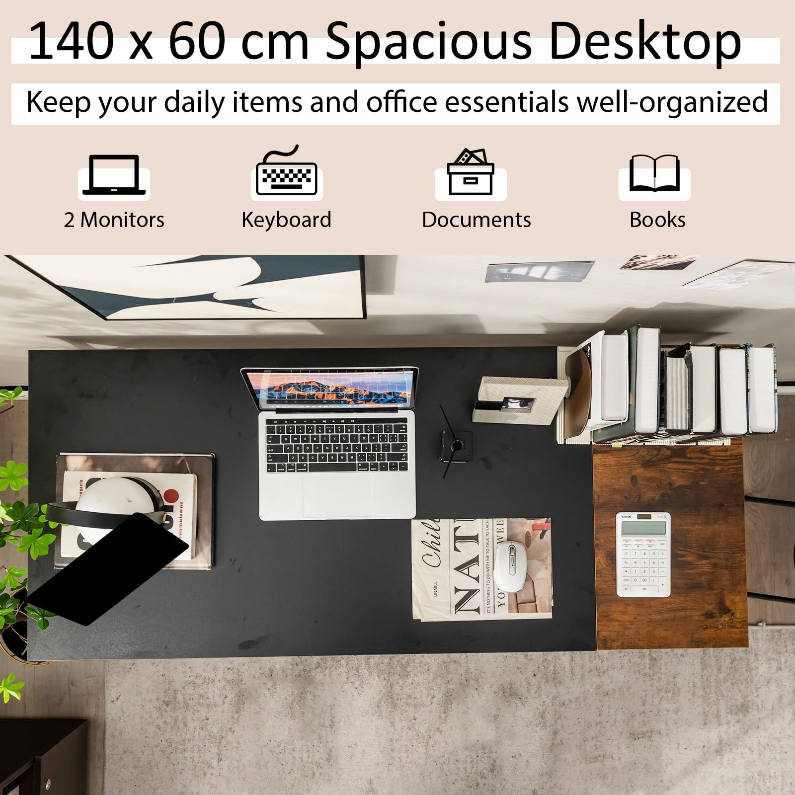 140 CM Reversible Computer Desk, Large Home Office Desk with 2-tier Storage Shelves
