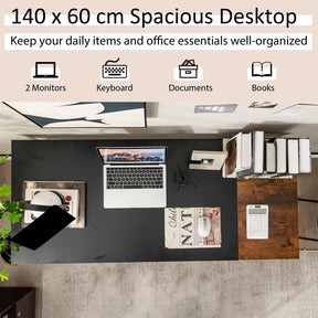 140 CM Reversible Computer Desk, Large Home Office Desk with 2-tier Storage Shelves