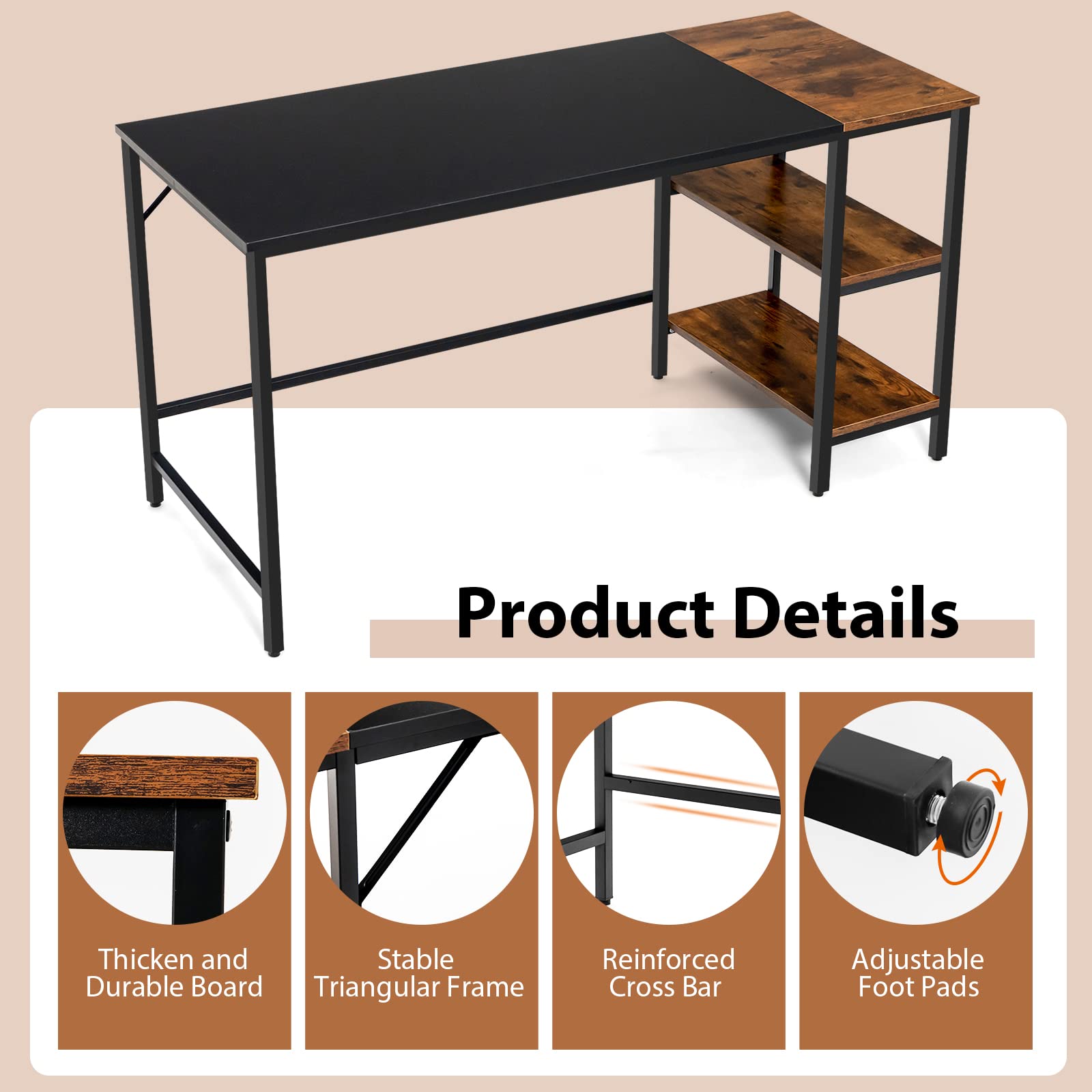 140 CM Reversible Computer Desk, Large Home Office Desk with 2-tier Storage Shelves