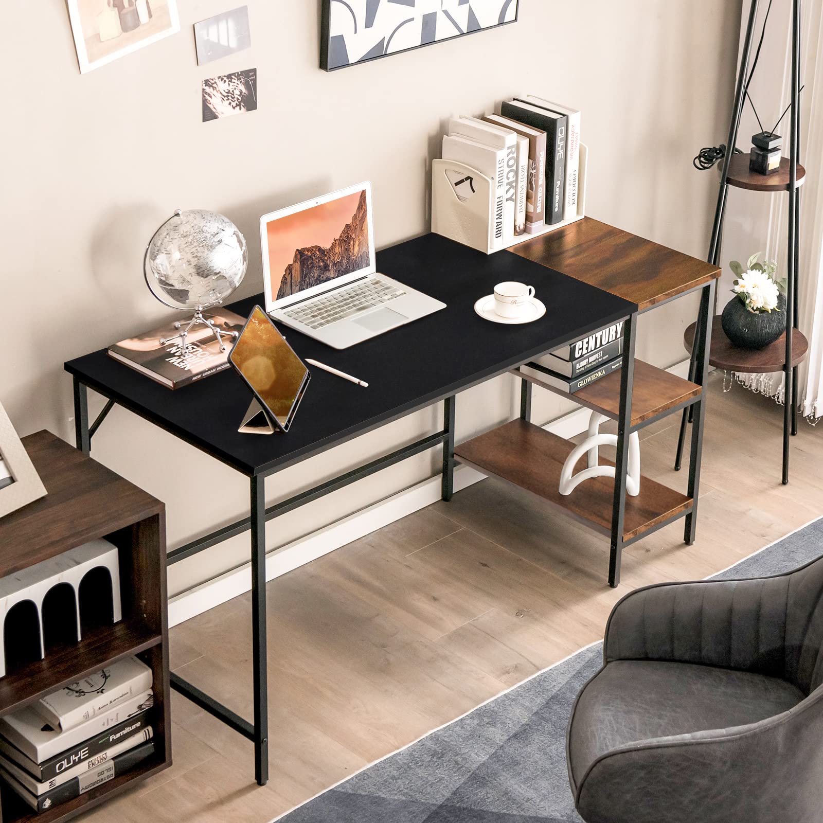 140 CM Reversible Computer Desk, Large Home Office Desk with 2-tier Storage Shelves