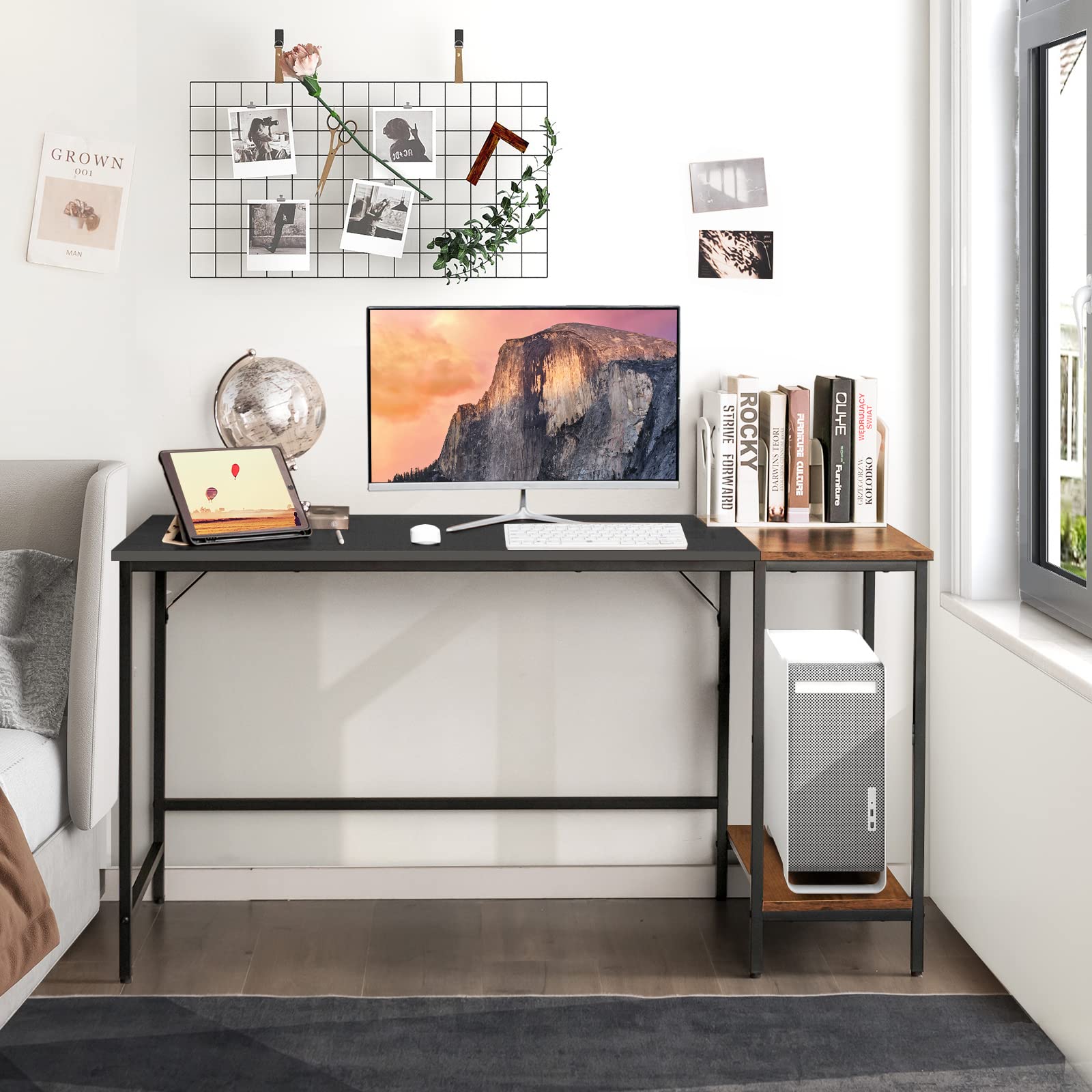 140 CM Reversible Computer Desk, Large Home Office Desk with 2-tier Storage Shelves