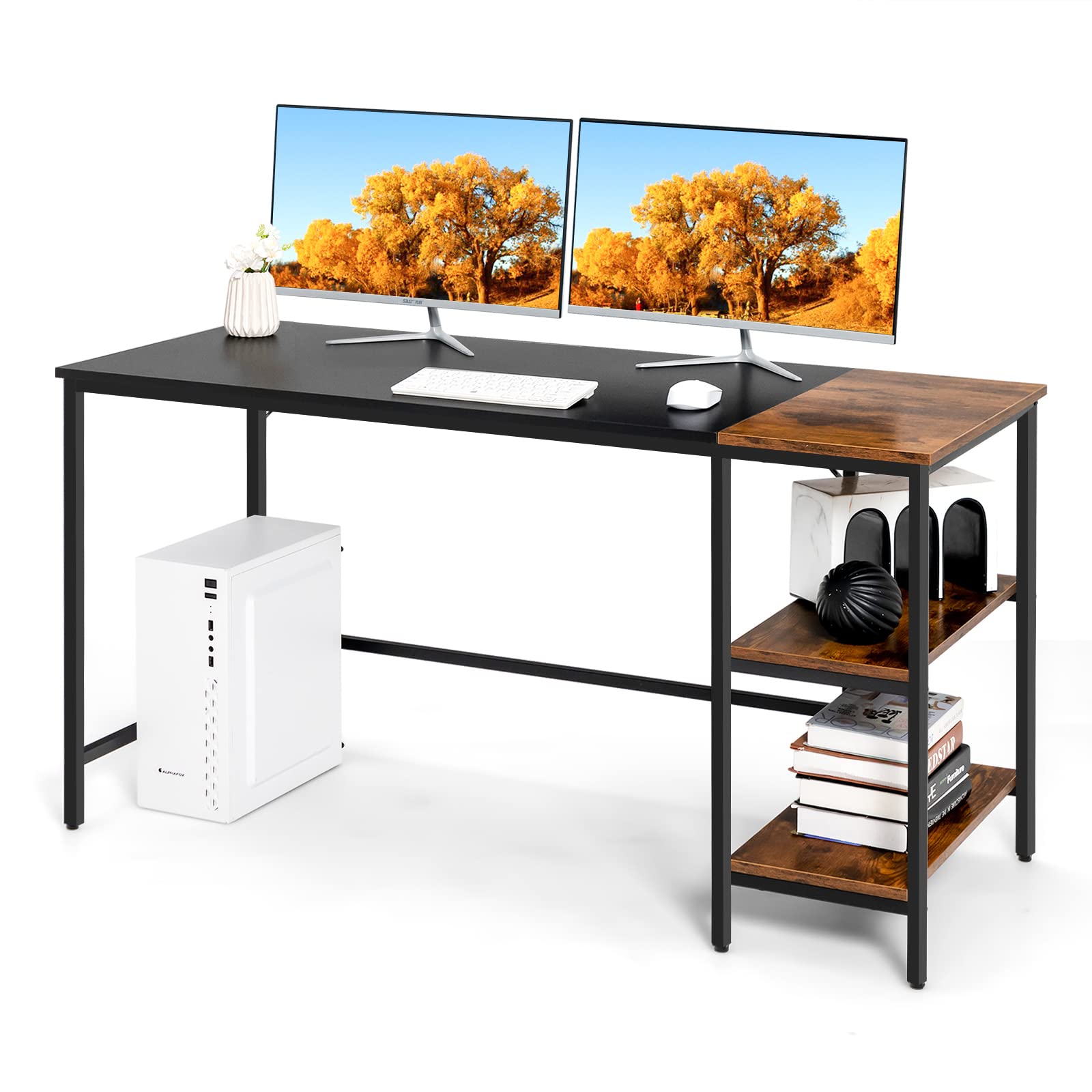 140 CM Reversible Computer Desk, Large Home Office Desk with 2-tier Storage Shelves