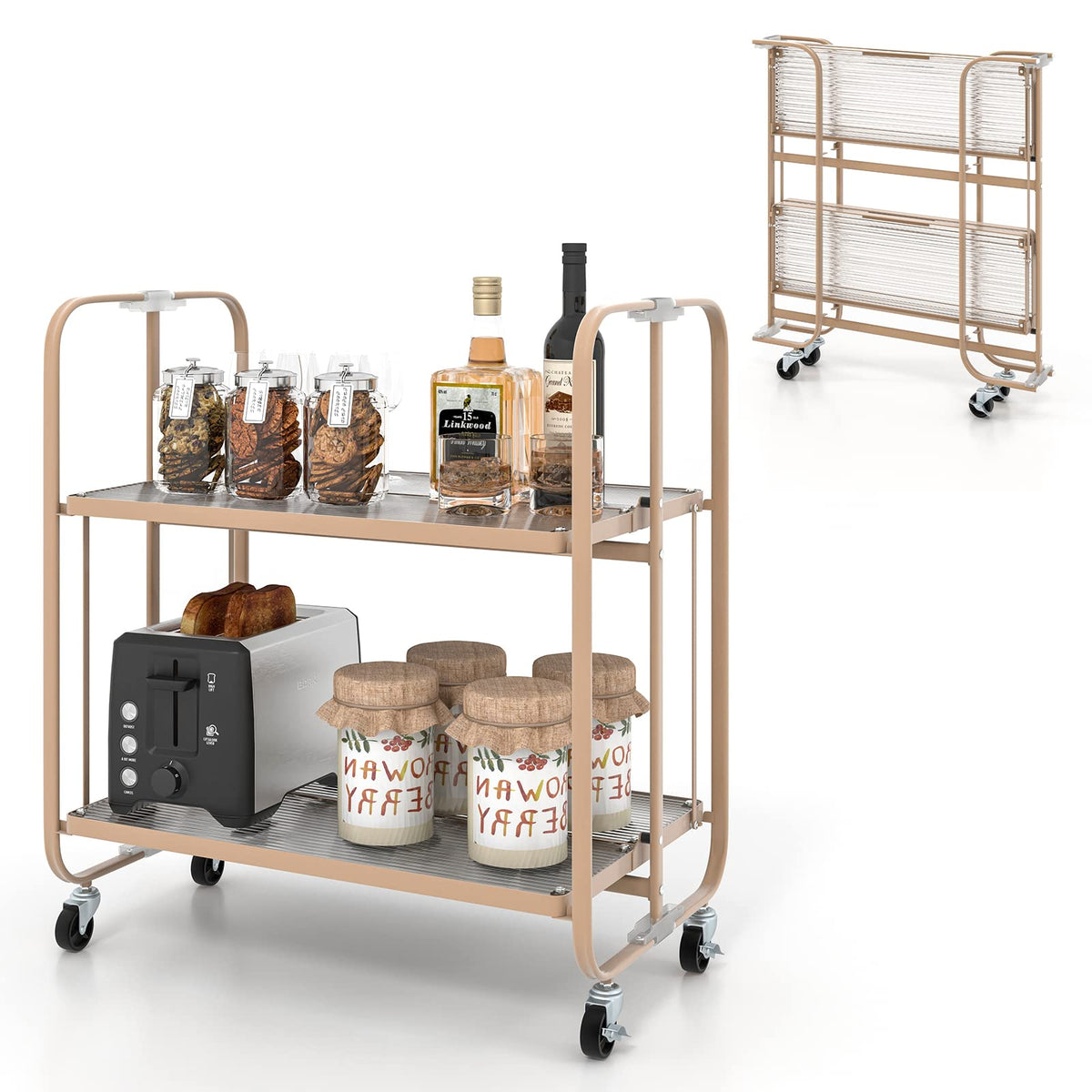 Giantex 2-Tier Mobile Serving Cart, Foldable Storage Cart